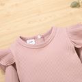 2pcs Ribbed Stripe Print Ruffle Decor Long-sleeve Baby Set Dark Pink