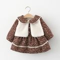2-piece Baby Girl Fleece Lined Doll Collar Floral Print Lace Design Long-sleeve Dress and Fuzzy White Vest Cardigan Set Brown