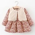 Baby 2pcs Floral Print Long-sleeve Fleece Lined Dress and Vest Set Red