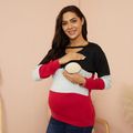Maternity Round collar Color block Long-sleeve Nursing Tee Red