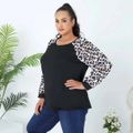 Women Plus Size Casual Leopard Long Raglan Sleeve T-shirt Black