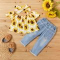 3-piece Sunflower Print Short-sleeve Top and Jeans Set White
