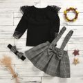 3-piece Baby / Toddler Black Lace Top and Plaid Overalls Set with Headband Black