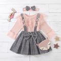 3-piece Baby / Toddler Lace Top and Bow Plaid Strap Skirt Set Pink image 1