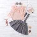 3-piece Baby / Toddler Lace Top and Bow Plaid Strap Skirt Set Pink image 4