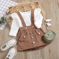 100% Cotton 2pcs Baby Girl Ruffle Long-sleeve Romper and Pink Suspender Skirt Set Khaki image 1