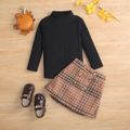2-piece Toddler Girl Mock Neck Ribbed Long-sleeve Black Top and Button Design Plaid Skirt Set Black image 2
