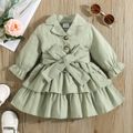100% Cotton Baby Girl Green Lapel Single Breasted Long-sleeve Layered Ruffle Dress Green image 1