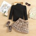 2-piece Toddler Girl Mock Neck Puff-sleeve Long-sleeve Ribbed Top and Belted Plaid Skirt Set Khaki