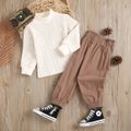 2-piece Toddler Girl Mock Neck Cable Knit Long-sleeve White Top and Brown Paperbag Pants Set Brown