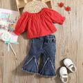 2pcs Baby Girl 100% Cotton Long-sleeve Top and Bell Bottom Jeans Set Red