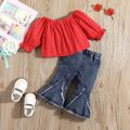 2pcs Baby Girl 100% Cotton Long-sleeve Top and Bell Bottom Jeans Set Red