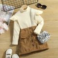 2-piece Toddler Girl Ruffled Mock Neck Long-sleeve Ribbed Top and Button Design Corduroy Brown Skirt Set Creamcolored