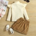 2-piece Toddler Girl Ruffled Mock Neck Long-sleeve Ribbed Top and Button Design Corduroy Brown Skirt Set Creamcolored image 3
