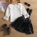 2pcs Solid Lace Decor Long-sleeve White Top and Solid Black Leather Skirt with Shoulder Straps Toddler Set White