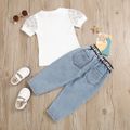 Denim Trends 2pcs Solid Ribbed Polka Dots Puff Short-sleeve Top and Ripped Jeans with Belt Toddler Set White