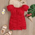 Baby Girl Red Puff-sleeve Ruched Bodycon Mini Dress Red
