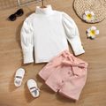 2pcs Toddler Girl Trendy Turtleneck Puff-sleeve Tee and Irregular Button Design Belted Shorts Set Pink image 2
