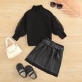 2pcs Toddler Girl Trendy Mock Neck Hollow out Design Sleeve Tee and Lace Hem PU Skirt Set Black image 1