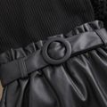 2pcs Toddler Girl Trendy Mock Neck Hollow out Design Sleeve Tee and Lace Hem PU Skirt Set Black image 5