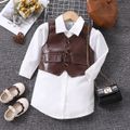 2pcs Toddler Girl Trendy Lapel Collar White Shirt Dress and PU Vest Set Brown image 1