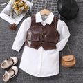 2pcs Toddler Girl Trendy Lapel Collar White Shirt Dress and PU Vest Set Brown image 2