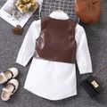 2pcs Toddler Girl Trendy Lapel Collar White Shirt Dress and PU Vest Set Brown