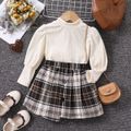 2pcs Toddler Girl Trendy Long Puff-sleeve Mock Neck Tee and Plaid Irregular Skirt Set Beige image 1