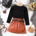 2pcs Toddler Girl Long Puff-sleeve Black Tee and Pocket Design Belted PU Skirt Set Black
