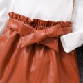 2pcs Toddler Girl Trendy Ribbed Puff-sleeve White Tee and Belted PU Skirt Set Khaki