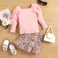 2pcs Toddler Girl Sweet Long Puff-sleeve Ribbed Tee and Floral Print Ruffle Skirt Set Pink