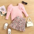 2pcs Toddler Girl Sweet Long Puff-sleeve Ribbed Tee and Floral Print Ruffle Skirt Set Pink