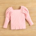 2pcs Toddler Girl Sweet Long Puff-sleeve Ribbed Tee and Floral Print Ruffle Skirt Set Pink image 4