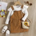 2pcs Toddler Girl Sweet Ruffled Ribbed Cotton Tee and Adjustable Corduroy Overall Dress Set Brown image 1