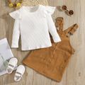 2pcs Toddler Girl Sweet Ruffled Ribbed Cotton Tee and Adjustable Corduroy Overall Dress Set Brown image 2