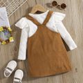 2pcs Toddler Girl Sweet Ruffled Ribbed Cotton Tee and Adjustable Corduroy Overall Dress Set Brown image 3