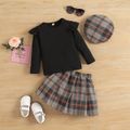 3pcs Toddler Girl Preppy style Plaid Beret & Ruffled Tee and Skirt Set Black