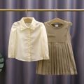 2pcs Toddler Girl Preppy style Lapel Collar Shirt and Button Design Pleated Sleeveless Dress Set Khaki image 2