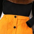 3pcs Toddler Girl Trendy Mock Neck Ribbed Tee & Faux Fur Collar and Corduroy Skirt Set Black