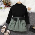 2pcs Toddler Girl Trendy Mock Neck Tee and Belted Pocket Design Skirt Set Green
