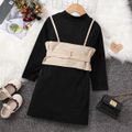 2pcs Toddler Girl Trendy Mock Neck Black Dress and Irregular Waist Corset Set Khaki