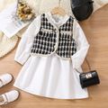 2pcs Toddler Girl Elegant Ruffle Collar White Dress and Tweed Plaid Vest Set White image 1