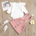 2pcs Baby Girl 100% Cotton Suspender Shorts and Ruffle Long-sleeve Romper Set Pink image 1