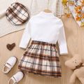 3pcs Toddler Girl Playful Plaid Beret & Mock Neck Bear Embroidered Tee and Irregular Skirt Set White