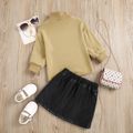 2pcs Toddler Girl Trendy Turtleneck Sweater and Faux Leather PU Skirt Set Brown