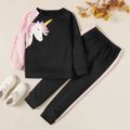 2-piece Kid Girl Unicorn Print Ruffled Colorblock Pullover Sweatshirt and Elasticized Pants Set Black image 1