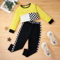 2-piece Kid Boy/Kid Girl Colorblock Plaid Pullover and Letter Print Pants Set Yellow