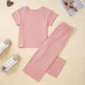 2-piece Kid Girl Stripe Solid Short-sleeve Top and Elasticized Pants Set with Pockets Pink
