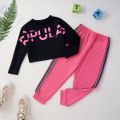 2-piece Kid Girl Letter Print Long-sleeve Top and Striped Elasticized Pants Casual Set Black