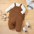 2pcs Baby Long-sleeve Ribbed Romper and Cartoon Bear 3D Ears Corduroy Overalls Set Brown image 3